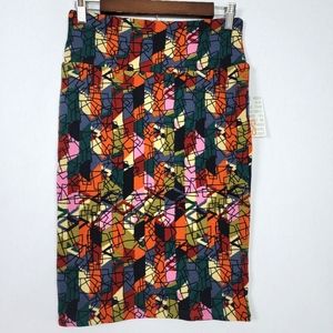 LulaRoe Cassie Pencil Skirt Size XS with flattering waistband Multicolor Overlay